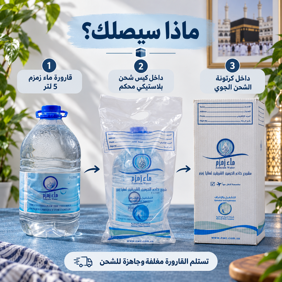 قارورة ماء زمزم ٥ لتر بكرتونة المطار